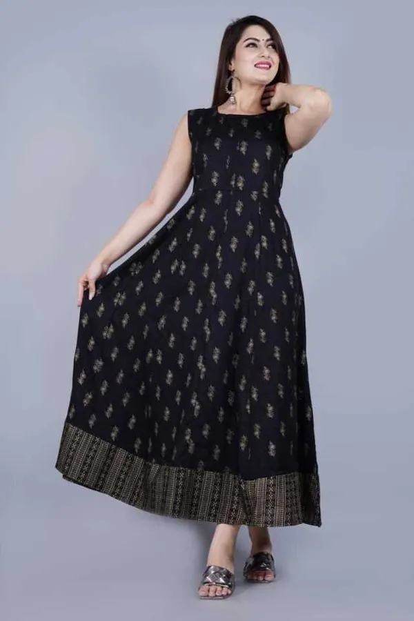 Black_Golden_Printed_Cotton_Anarkali_Plus_Size_Kurta/Gown__With_Jacket