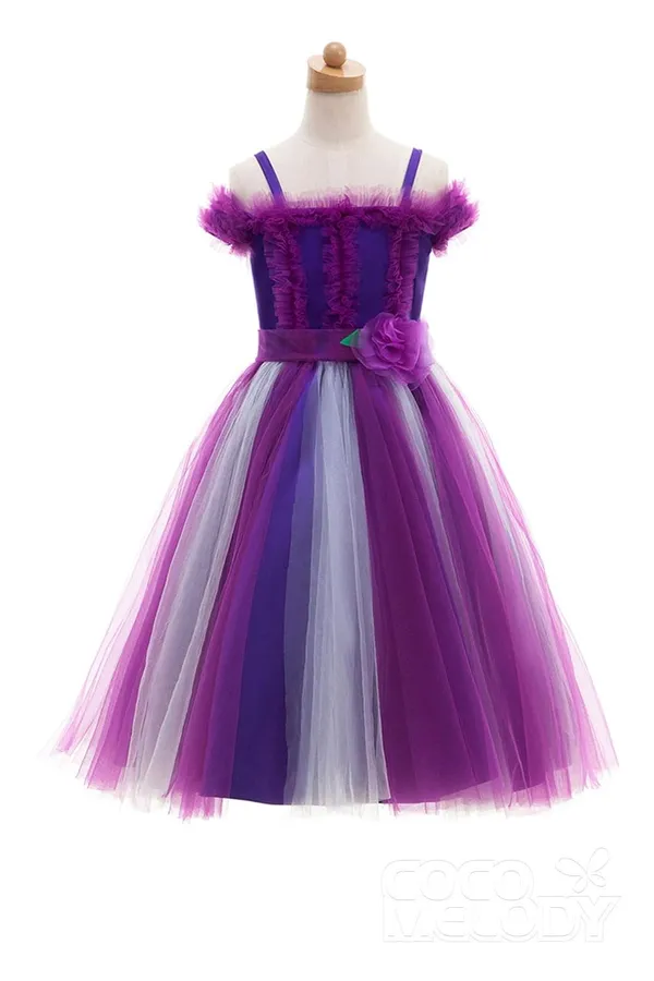 Multicolor_Net_Solid_Square_Neck_Dress_For_Girls