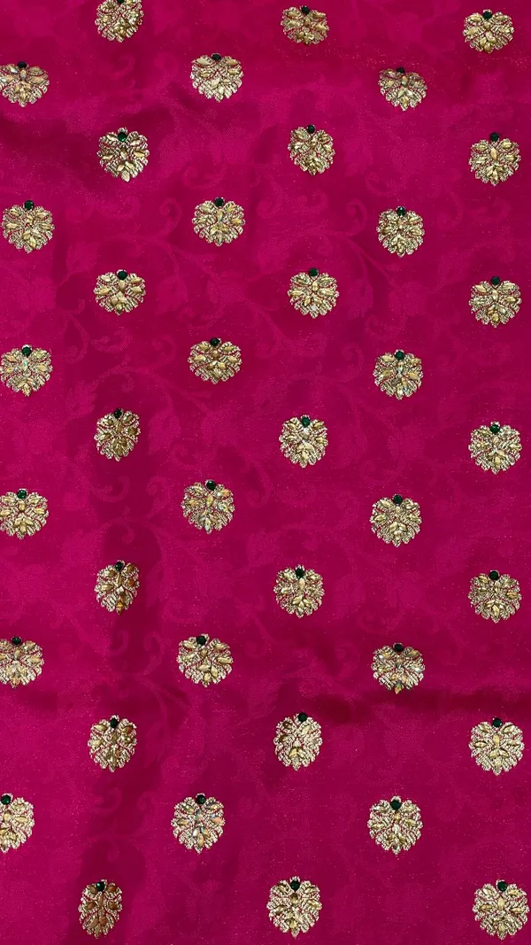 Humairah_Presents_Pink_Stone_Work_Golden_Zari_Floral_Booti_with_Contrasr_Green_Paisely_Pallu_Zari_Border_and_Green_Blouse_Banarasi_Saree