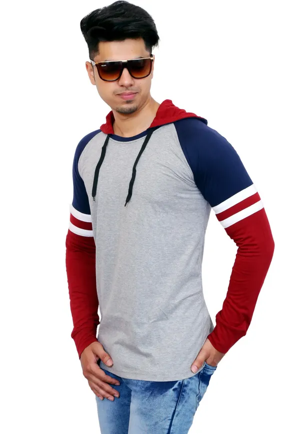 Maroon_&_Grey_Cotton_Blend_Colorblock_T-Shirt_For_Men
