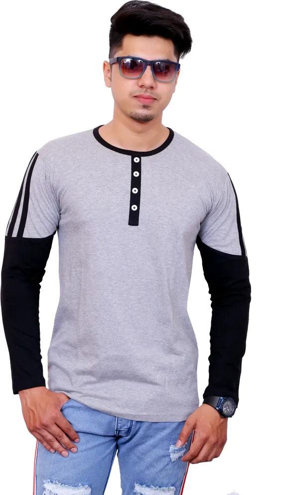 Black_&_Grey_Cotton_Blend_Colorblock_T-Shirt_For_Men