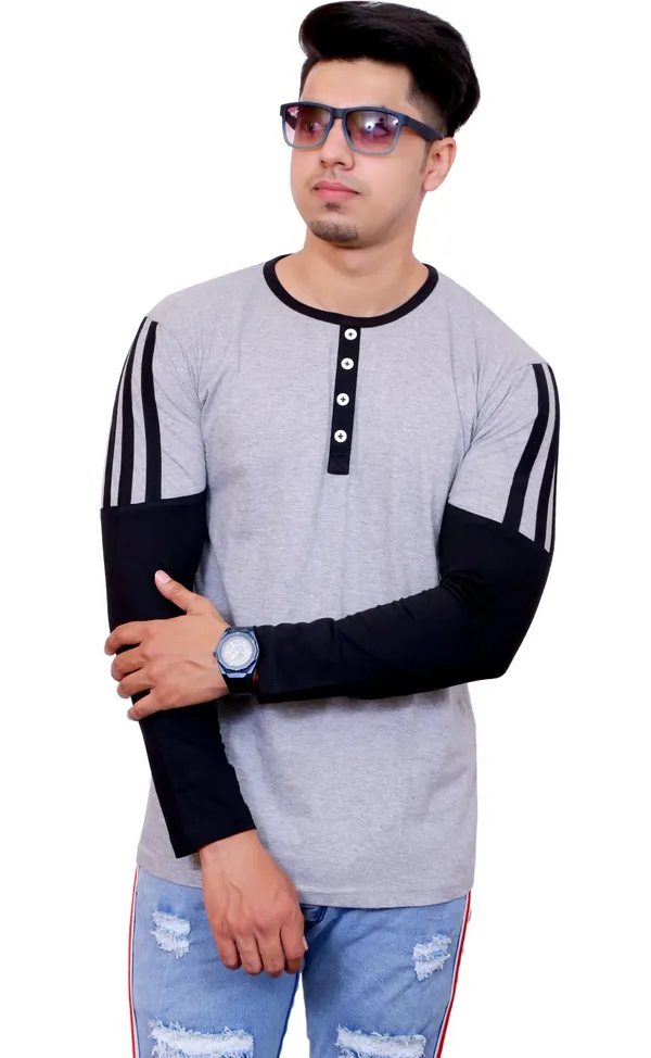 Black_&_Grey_Cotton_Blend_Colorblock_T-Shirt_For_Men