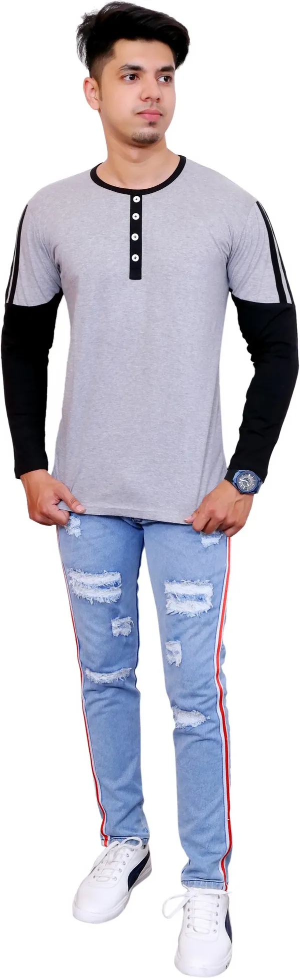 Black_&_Grey_Cotton_Blend_Colorblock_T-Shirt_For_Men