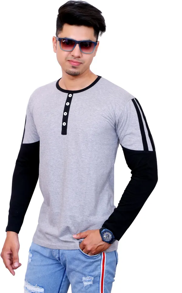 Black_&_Grey_Cotton_Blend_Colorblock_T-Shirt_For_Men