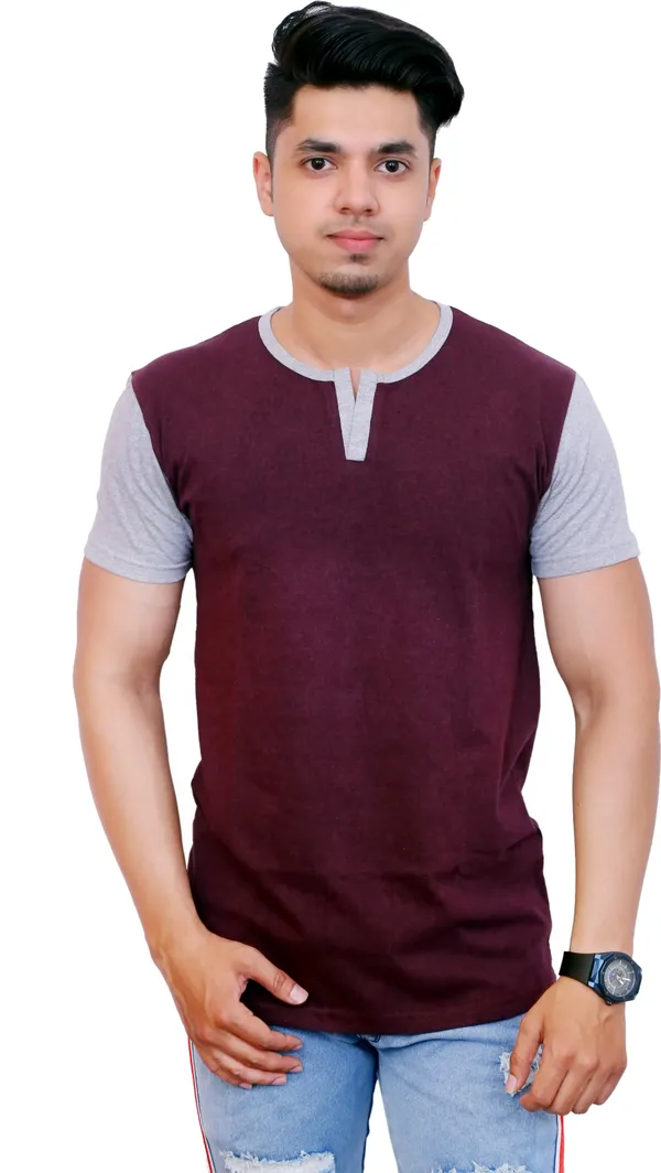 Maroon_&_Grey_Cotton_Blend_Colorblock_T-Shirt_For_Men