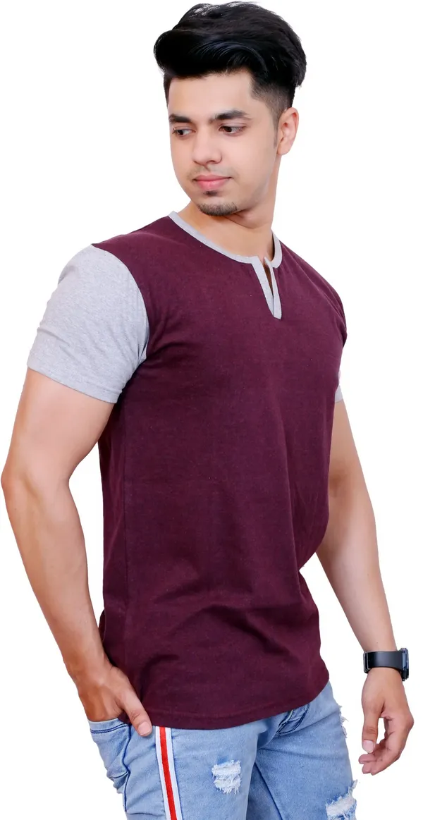 Maroon_&_Grey_Cotton_Blend_Colorblock_T-Shirt_For_Men
