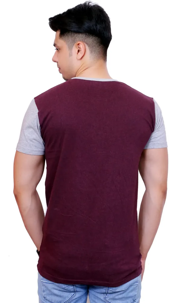 Maroon_&_Grey_Cotton_Blend_Colorblock_T-Shirt_For_Men