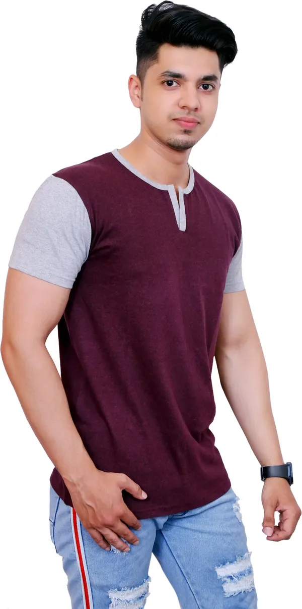 Maroon_&_Grey_Cotton_Blend_Colorblock_T-Shirt_For_Men