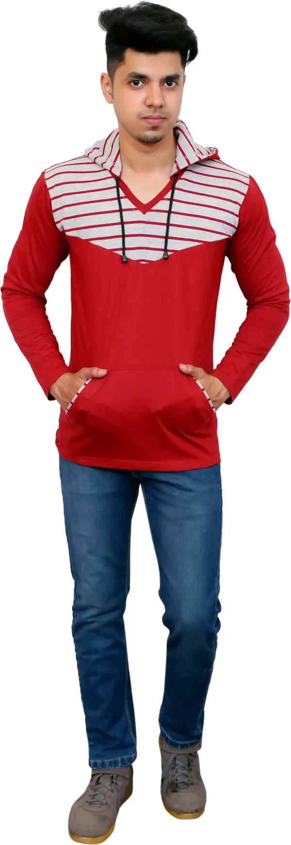 Maroon_&_Grey_Cotton_Blend_Striped_T-Shirt_For_Men