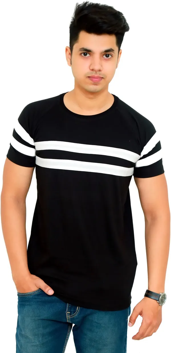 Black_Cotton_Blend_Striped_T-Shirt_For_Men