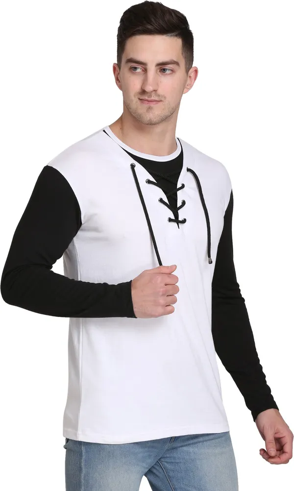 White_Cotton_Blend_Colorblock_T-Shirt_For_Men