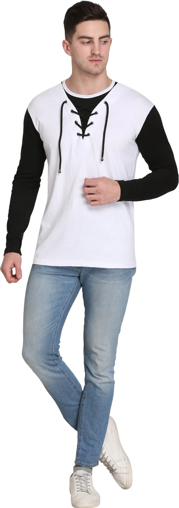 White_Cotton_Blend_Colorblock_T-Shirt_For_Men