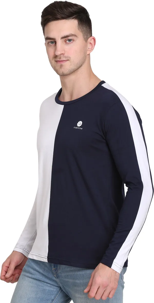 Dark_Blue_&_White_Cotton_Blend_Solid_T-Shirt_For_Men