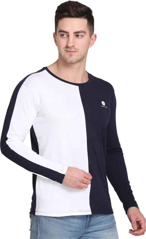 Dark_Blue_&_White_Cotton_Blend_Solid_T-Shirt_For_Men