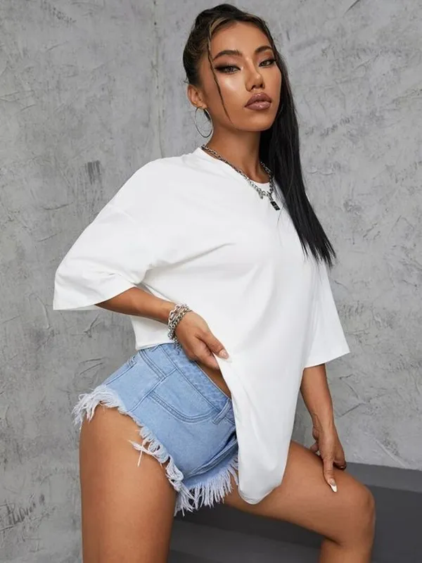 White_Cotton_Blend_Solid_T-Shirt_For_Women
