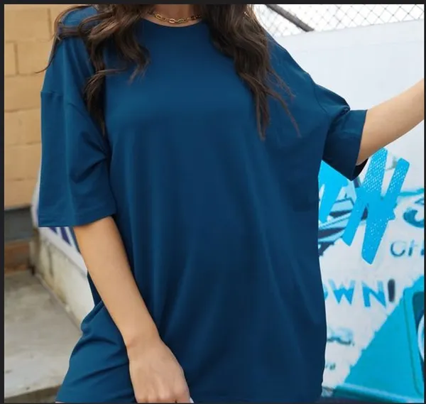 Blue_Cotton_Blend_Solid_T-Shirt_For_Women