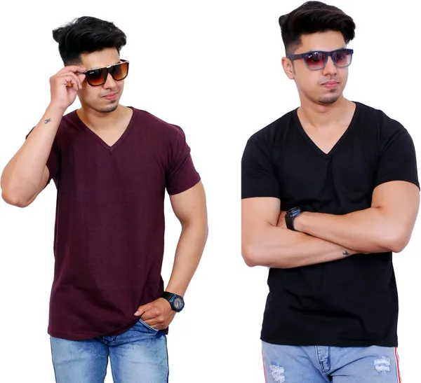 Pack_of_2_Black_&_Maroon_Cotton_Blend_Solid_T-Shirt_For_Men