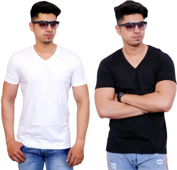 Pack_of_2_Black_&_White_Cotton_Blend_Solid_T-Shirt_For_Men