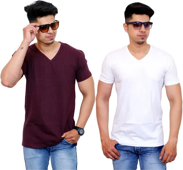 Pack_of_2_Maroon_&_White_Cotton_Blend_Solid_T-Shirt_For_Men