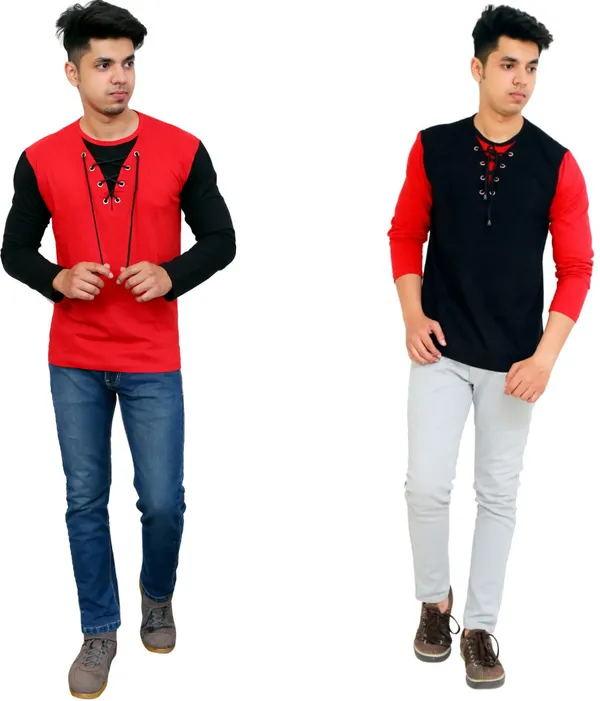 Pack_of_2_Black_&_Red_Cotton_Blend_Solid_T-Shirt_For_Men