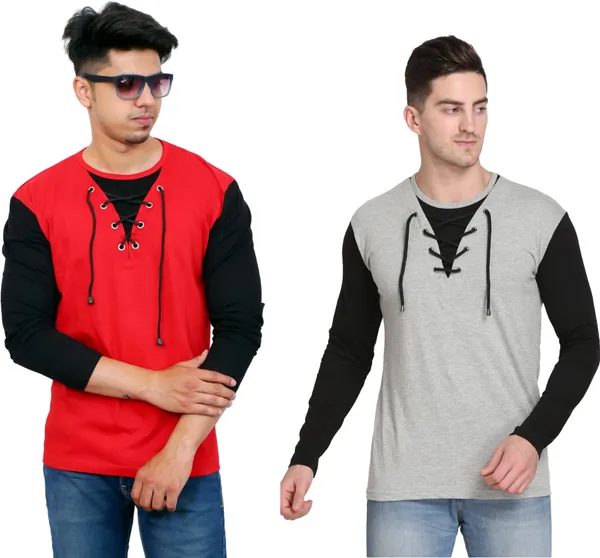 Pack_of_2_Red_&_Grey_Cotton_Blend_Solid_T-Shirt_For_Men