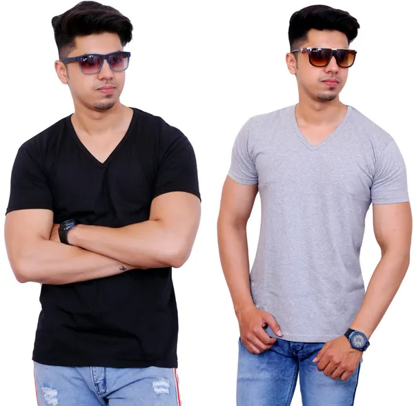 Pack_of_2_Black_&_Grey_Cotton_Blend_Solid_T-Shirt_For_Men