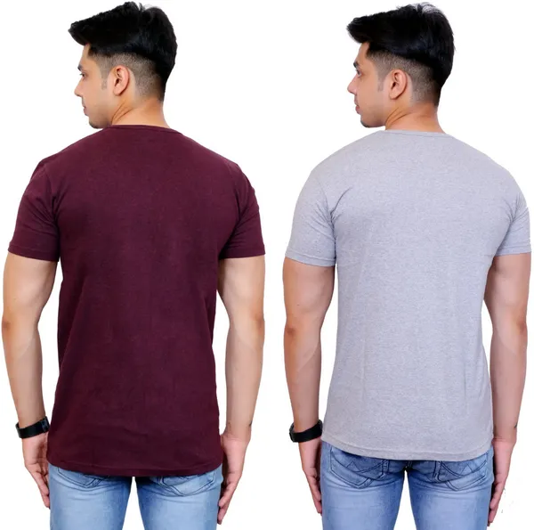 Pack_of_2_Maroon_&_Grey_Cotton_Blend_Solid_T-Shirt_For_Men