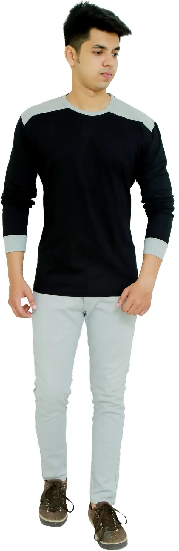Black_&_Grey_Cotton_Blend_Colorblock_T-Shirt_For_Men