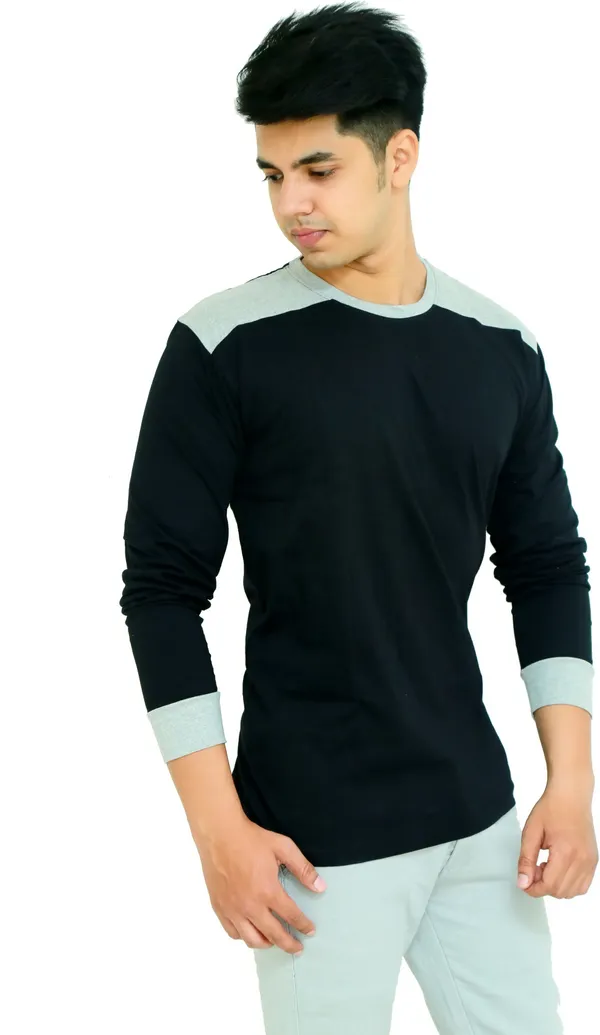 Black_&_Grey_Cotton_Blend_Colorblock_T-Shirt_For_Men