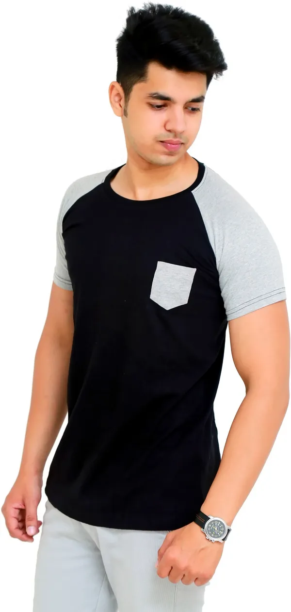 Black_&_Grey_Cotton_Blend_Colorblock_T-Shirt_For_Men