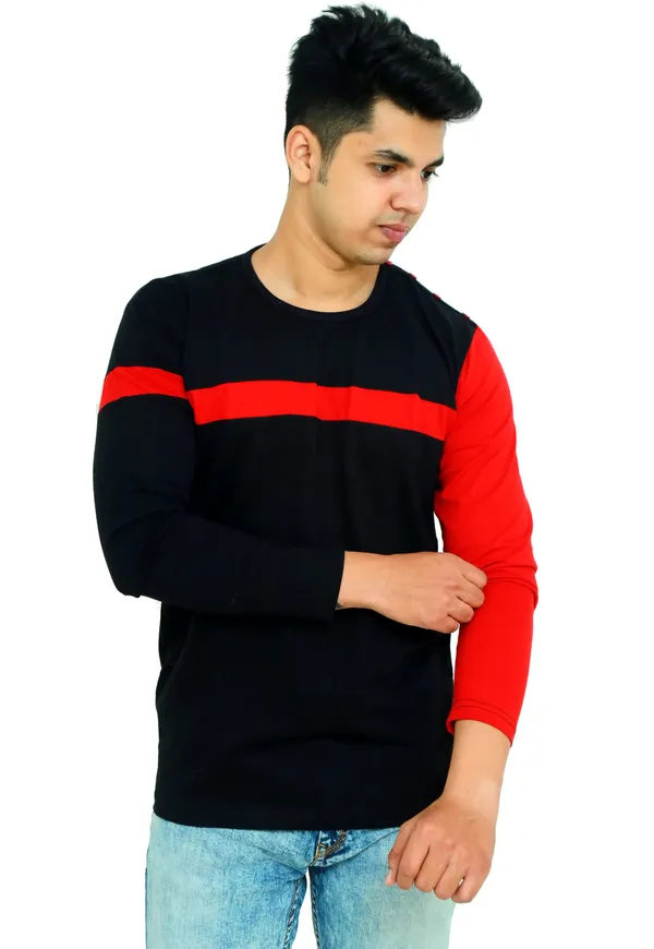 Red_&_Black_Cotton_Blend_Colorblock_T-Shirt_For_Men