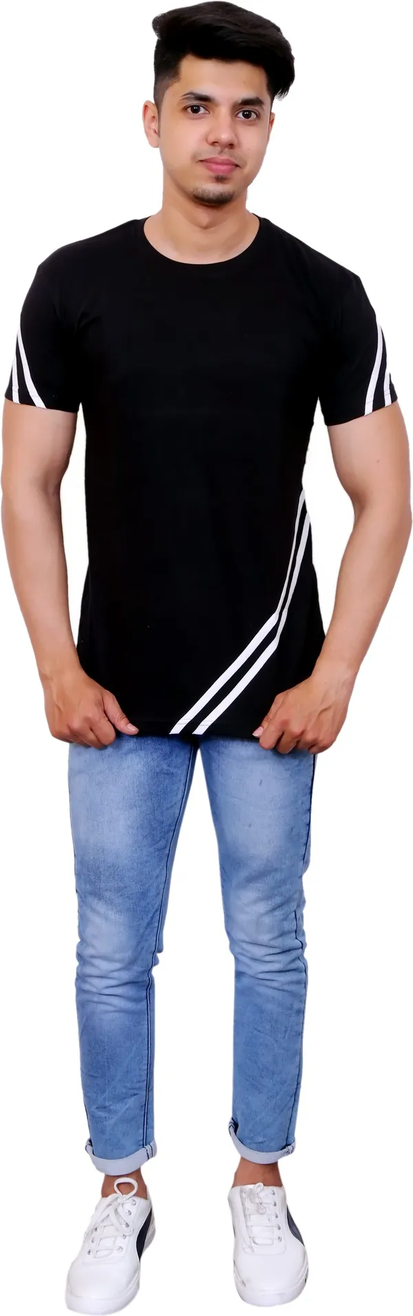 White_&_Black_Cotton_Blend_Colorblock_T-Shirt_For_Men