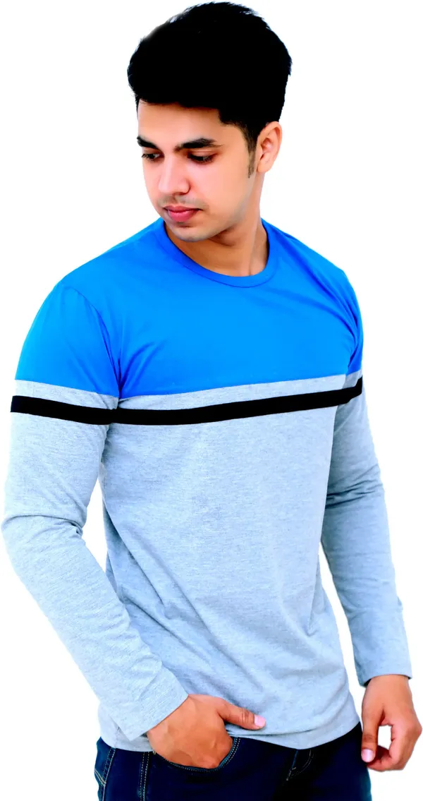 Light_Blue_Cotton_Blend_Colorblock_T-Shirt_For_Men