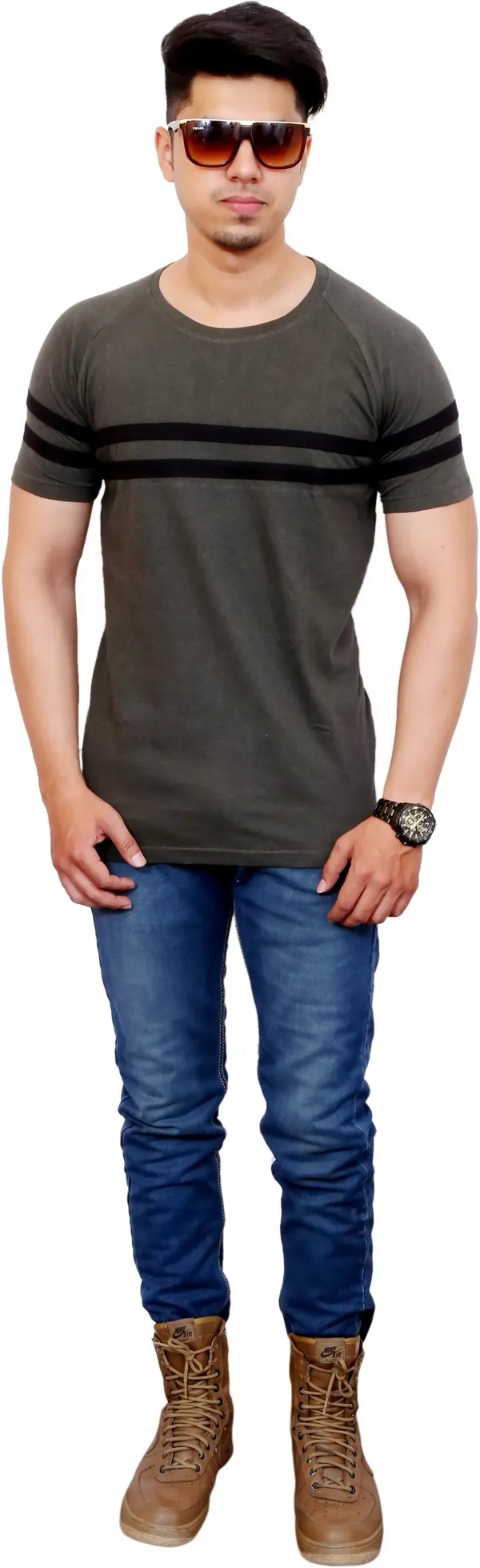 Dark_Green_Cotton_Blend_Colorblock_T-Shirt_For_Men