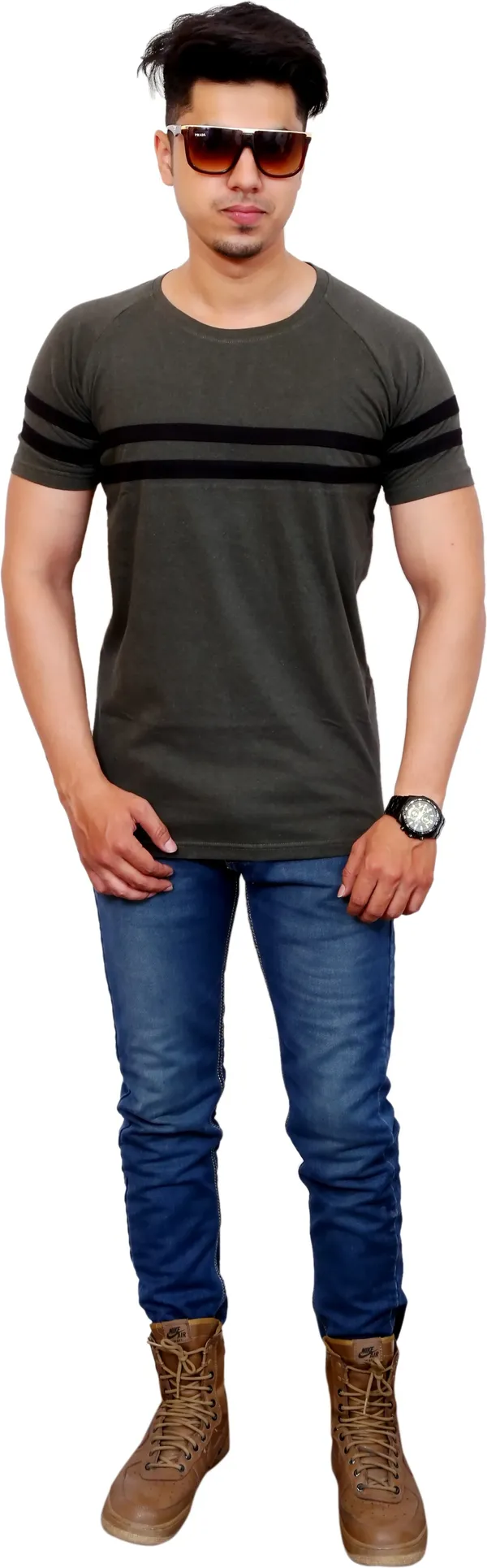 Dark_Green_Cotton_Blend_Colorblock_T-Shirt_For_Men