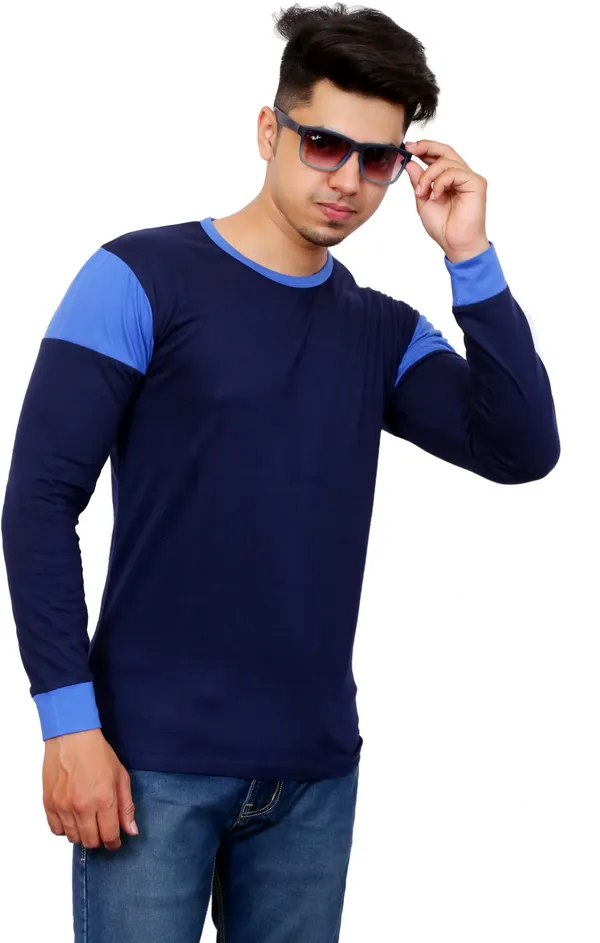 Light_Blue_&_Blue_Cotton_Blend_Colorblock_T-Shirt_For_Men