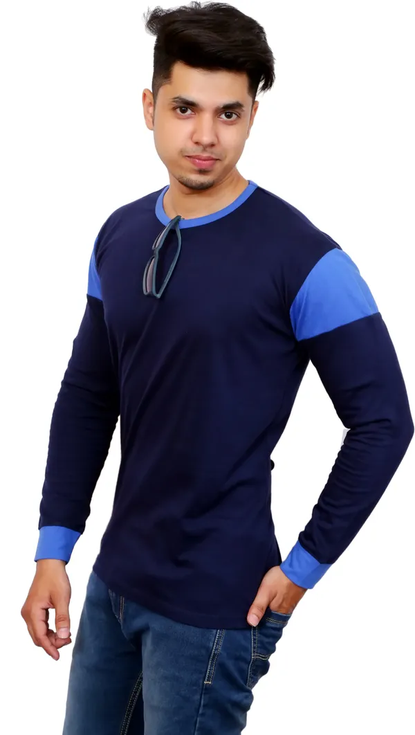 Light_Blue_&_Blue_Cotton_Blend_Colorblock_T-Shirt_For_Men