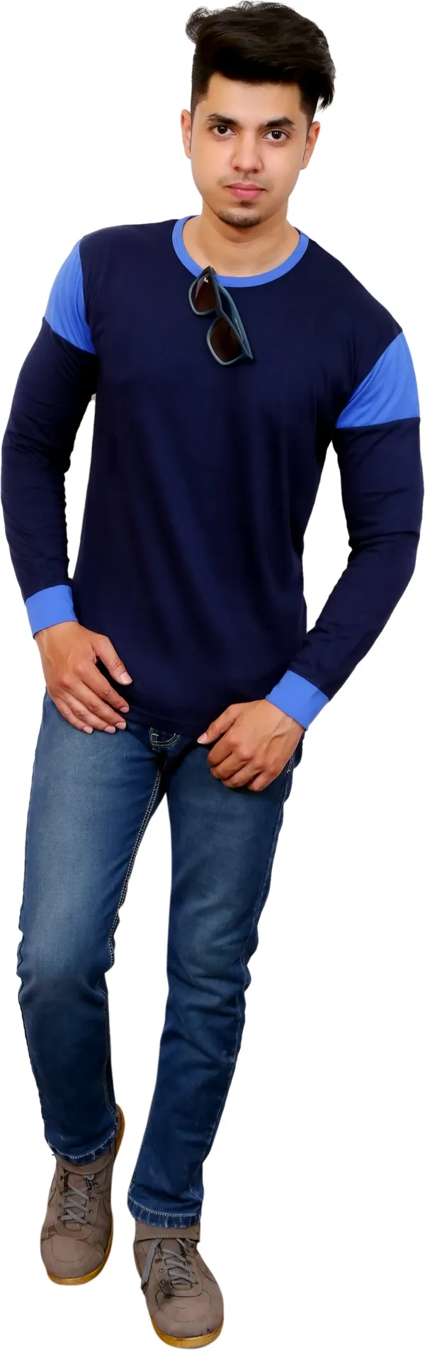 Light_Blue_&_Blue_Cotton_Blend_Colorblock_T-Shirt_For_Men