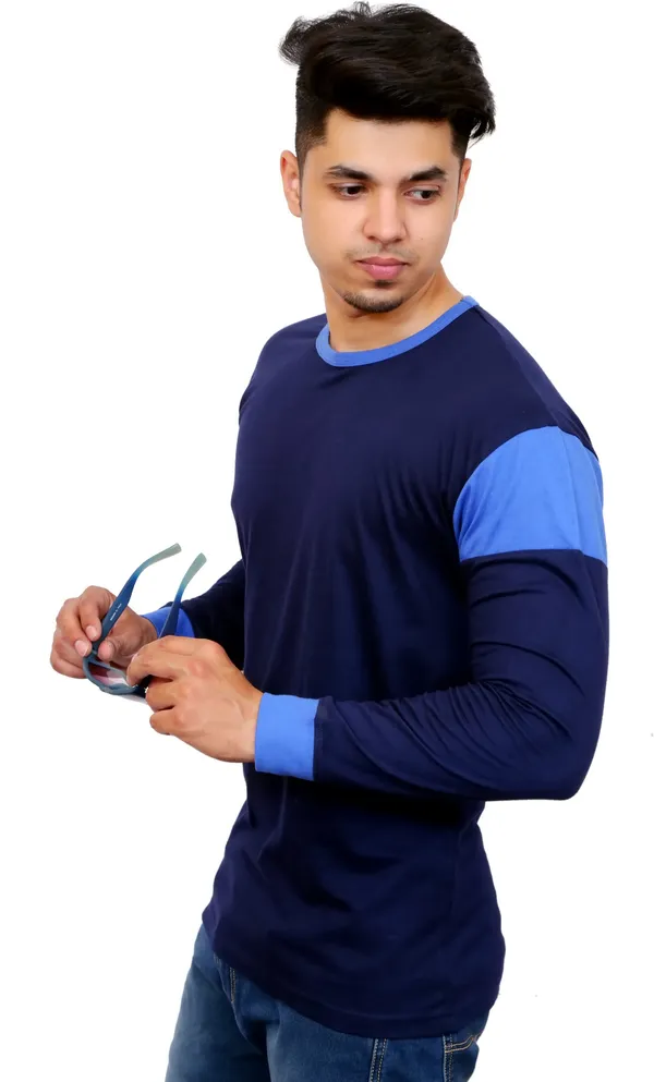 Light_Blue_&_Blue_Cotton_Blend_Colorblock_T-Shirt_For_Men