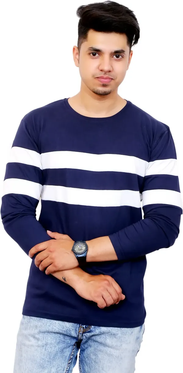 White_&_Blue_Cotton_Blend_Colorblock_T-Shirt_For_Men