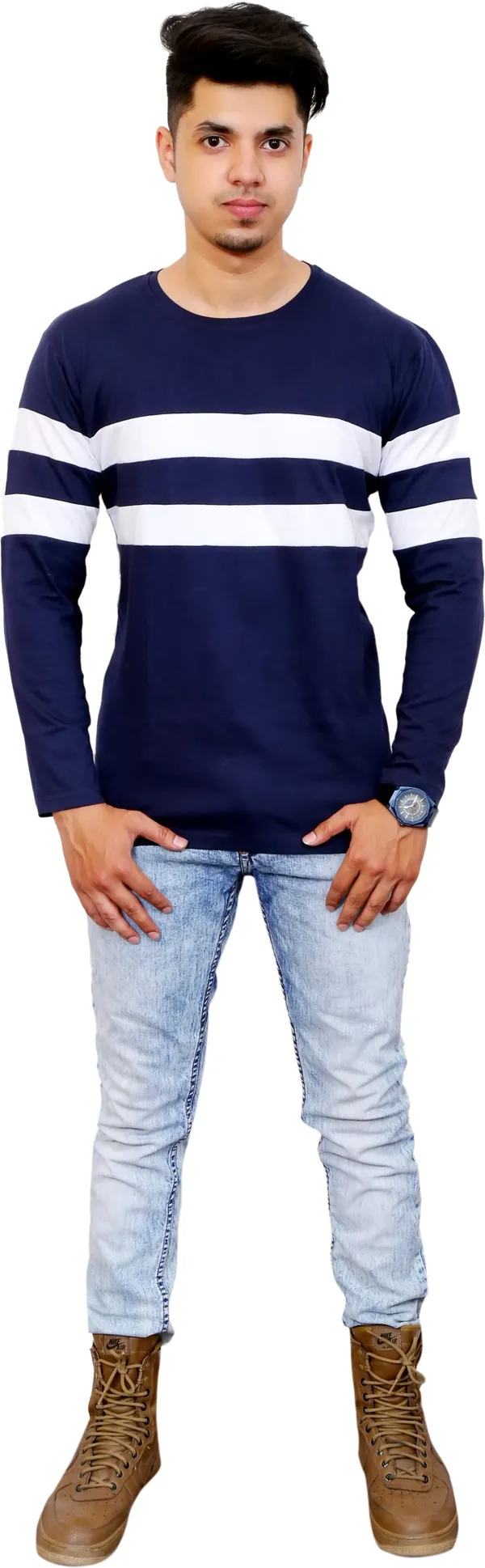 White_&_Blue_Cotton_Blend_Colorblock_T-Shirt_For_Men