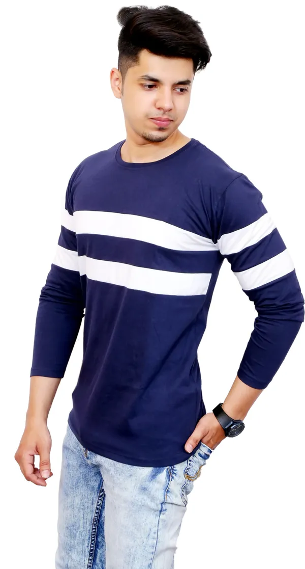 White_&_Blue_Cotton_Blend_Colorblock_T-Shirt_For_Men