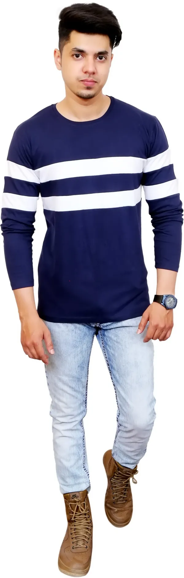 White_&_Blue_Cotton_Blend_Colorblock_T-Shirt_For_Men