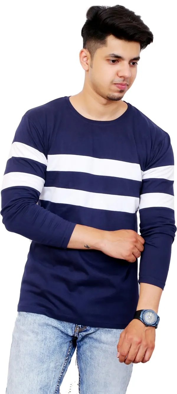 White_&_Blue_Cotton_Blend_Colorblock_T-Shirt_For_Men