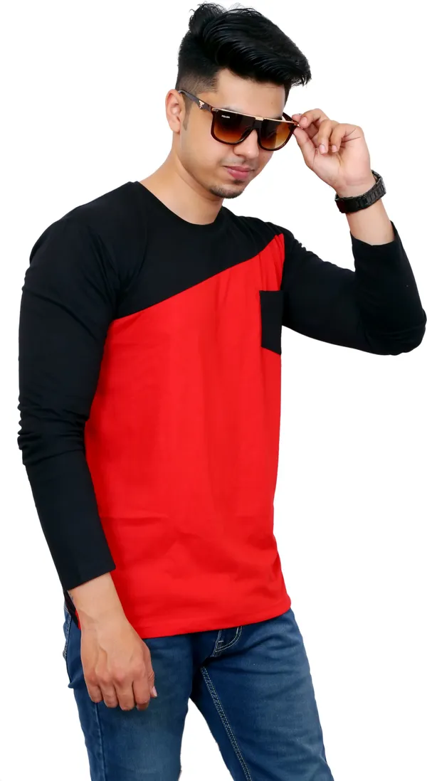 Red_&_Black_Cotton_Blend_Colorblock_T-Shirt_For_Men