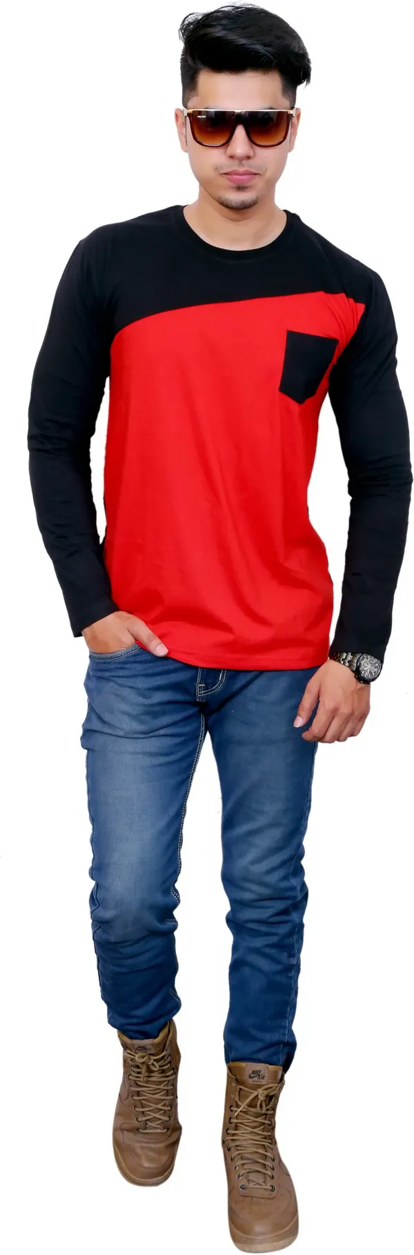 Red_&_Black_Cotton_Blend_Colorblock_T-Shirt_For_Men