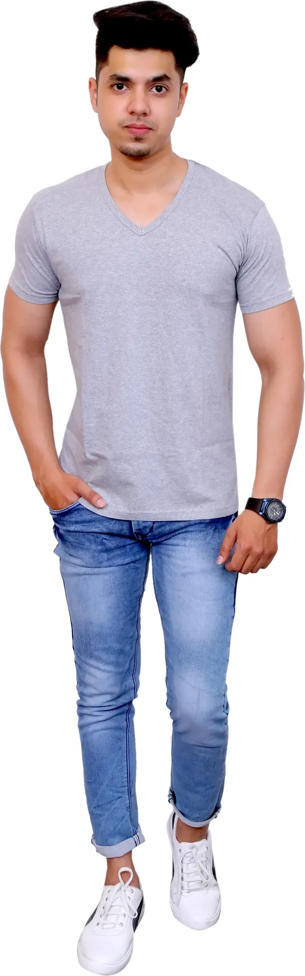 Grey_Cotton_Blend_Solid_T-Shirt_For_Men