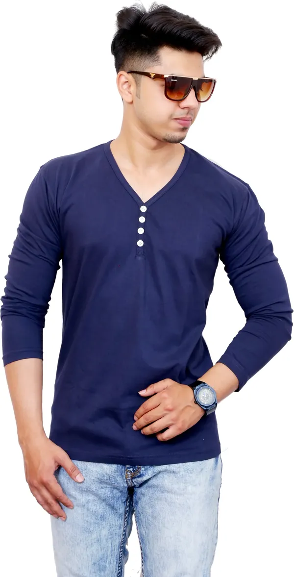 Dark_Blue_Cotton_Blend_Solid_T-Shirt_For_Men