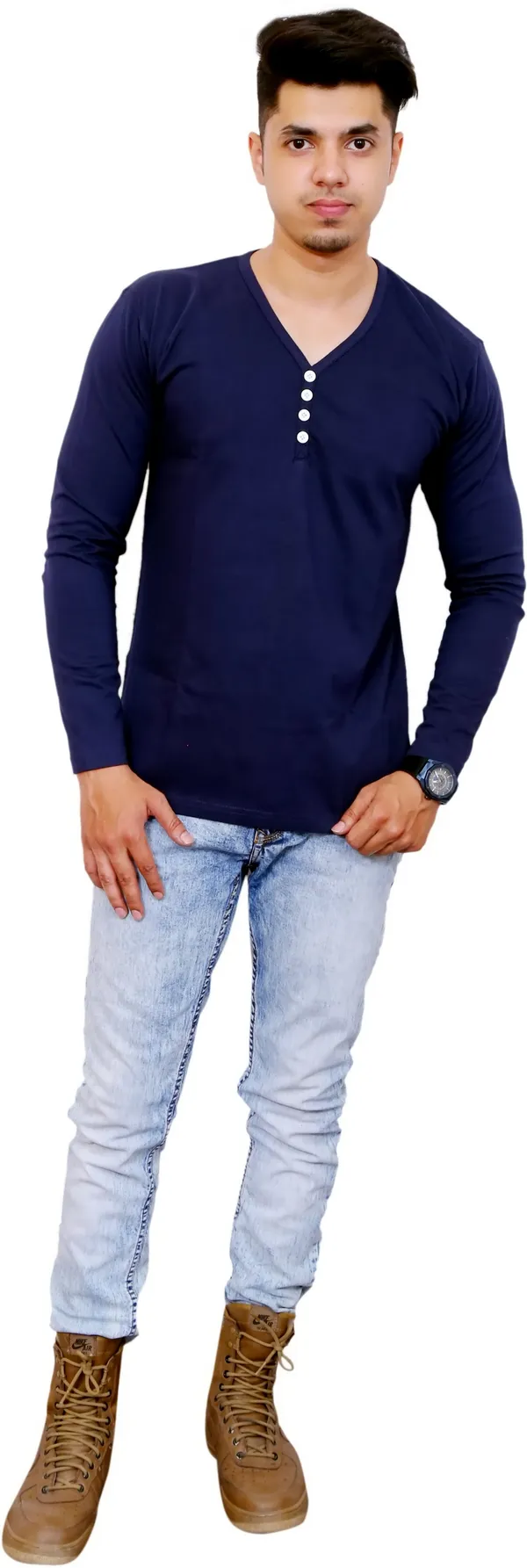 Dark_Blue_Cotton_Blend_Solid_T-Shirt_For_Men