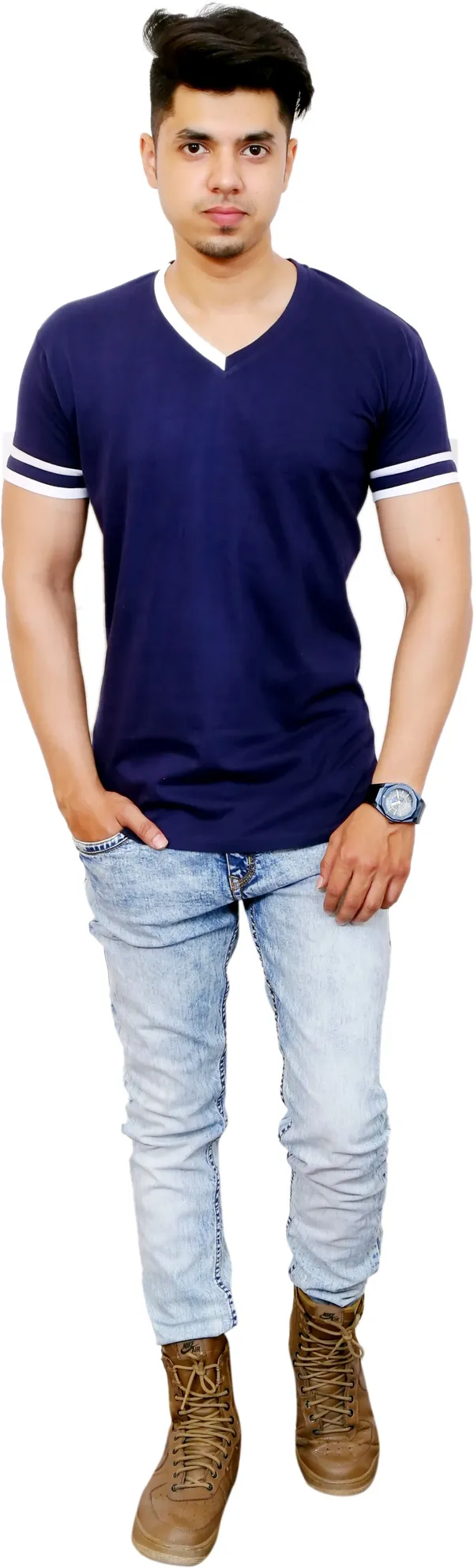 White_&_Blue_Cotton_Blend_Solid_T-Shirt_For_Men